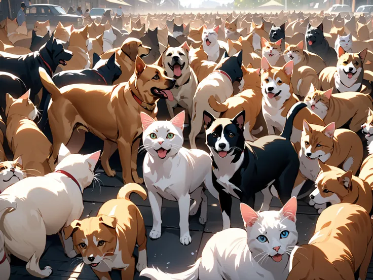 Lots of cats, Lots of dogs, war, masterpiece, highest quality, UHD, retina, masterpiece, accurate anatomy, super detailed, high quality, best quality, 8k