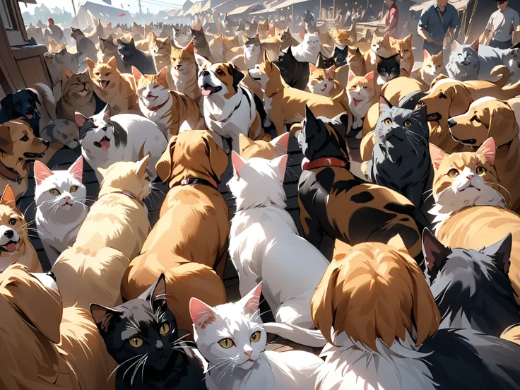 Lots of cats, Lots of dogs, war, masterpiece, highest quality, UHD, retina, masterpiece, accurate anatomy, super detailed, high quality, best quality, 8k