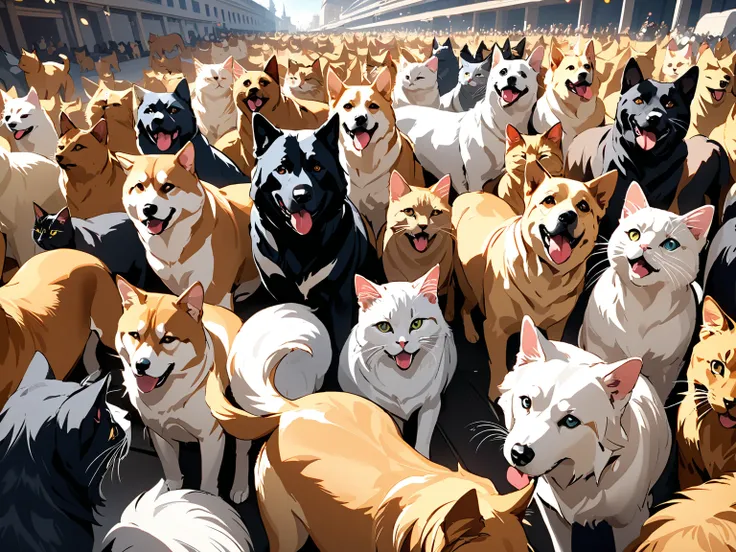 Lots of cats, Lots of dogs, war, masterpiece, highest quality, UHD, retina, masterpiece, accurate anatomy, super detailed, high quality, best quality, 8k