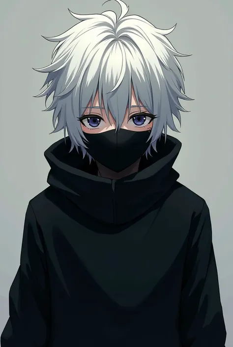 A anime boy wearing black cloths and mask with white messy hairs