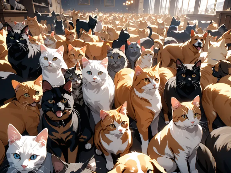 Lots of cats, Lots of dogs, war, masterpiece, highest quality, UHD, retina, masterpiece, accurate anatomy, super detailed, high quality, best quality, 8k