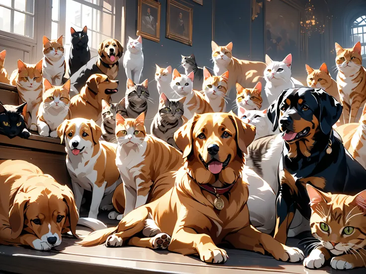 Lots of cats, Lots of dogs, war, masterpiece, highest quality, UHD, retina, masterpiece, accurate anatomy, super detailed, high quality, best quality, 8k