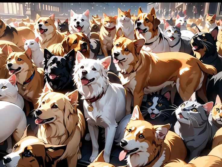 Lots of cats, Lots of dogs, war, masterpiece, highest quality, UHD, retina, masterpiece, accurate anatomy, super detailed, high quality, best quality, 8k