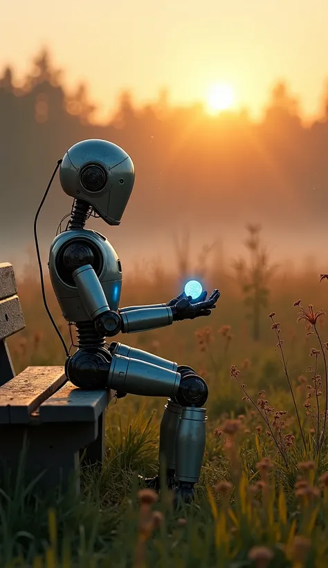 **Prompt:**  

A lone robot sits on a weathered wooden bench in the middle of an overgrown meadow at twilight. Its metallic body is slightly rusted, reflecting the warm, golden light of the setting sun. The meadow is alive with tall grass and wildflowers, ...