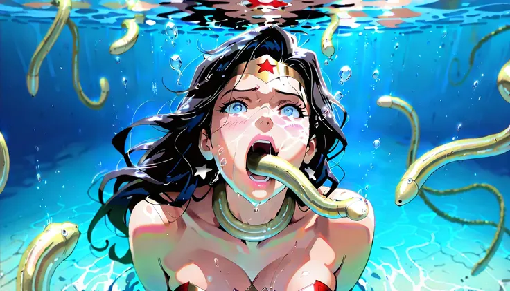 Masterpiece, high definition, beautiful face、Underwater Battle 、(((many Eels floating around Wonder Woman's face、 A group of swimming eels、eels swim around in the water))) 、Wonder Woman turns her face up、Straighten her throat )、open mouth,  an eels head in...