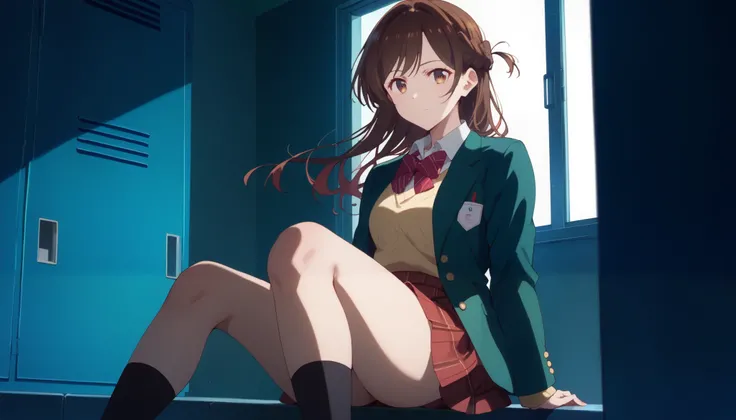 , and stare at the viewer, Alone, Chizuru Ichinose, 1 girl, brown hair, long hair, French Braid , brown eyes,  school uniform , green jacket, yellow sweater , bow tie,  plaid skirt that breaks small breasts, red skirt,  Black Sox, 屋内で, locker,  window_,nig...