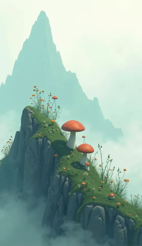 illustration of a hazy summit with few flowers and toadstools on a misty background
