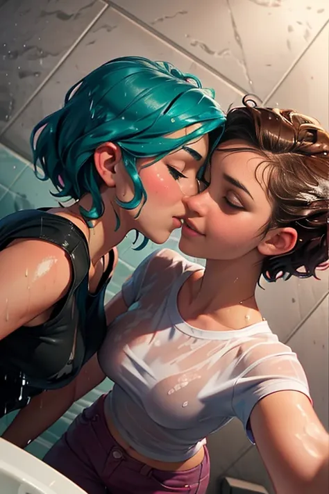 two women in a bathroom looking at each other, lips touching, wet shirt, lesbians, wet, bottom angle, soaking wet, under a shower, sapphic art, cute girls, carnal ) wet, pov photo, darling wash off in the rain, in bathroom, lesbian, two girls, soaked, wet ...