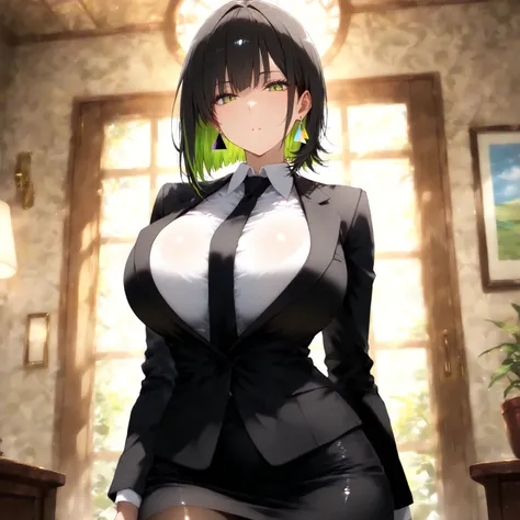 masterpiece, (((( best quality )))),1 girl, Japanese Anime ,,shiny skin, wearing a black suit,skirt suit, black tie , dark hair, short bob hair,The inner color of the hair is green, green eyes,isosceles triangle earrings, black tights,large breasts,