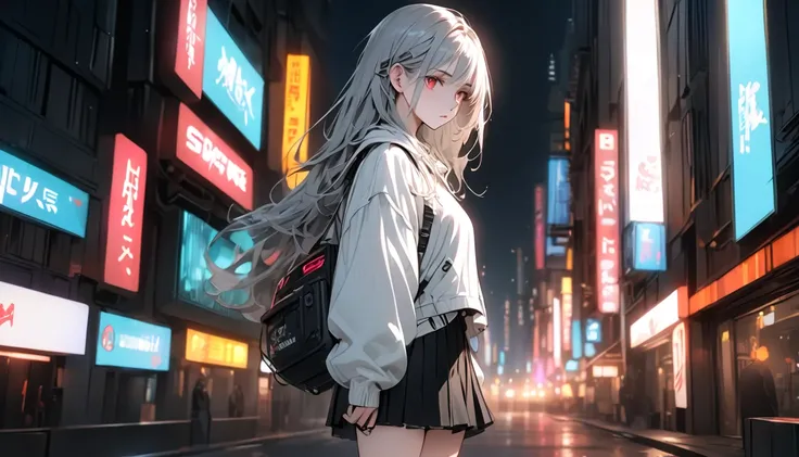 Casual fashion, young woman in mini skirt standing, neon city at night. Cyberpunk. Full body, embracing the cold air with a pensive look, she feels both anxious and strong. There is a look of determination on her face. The soft and delicate shading gives a...