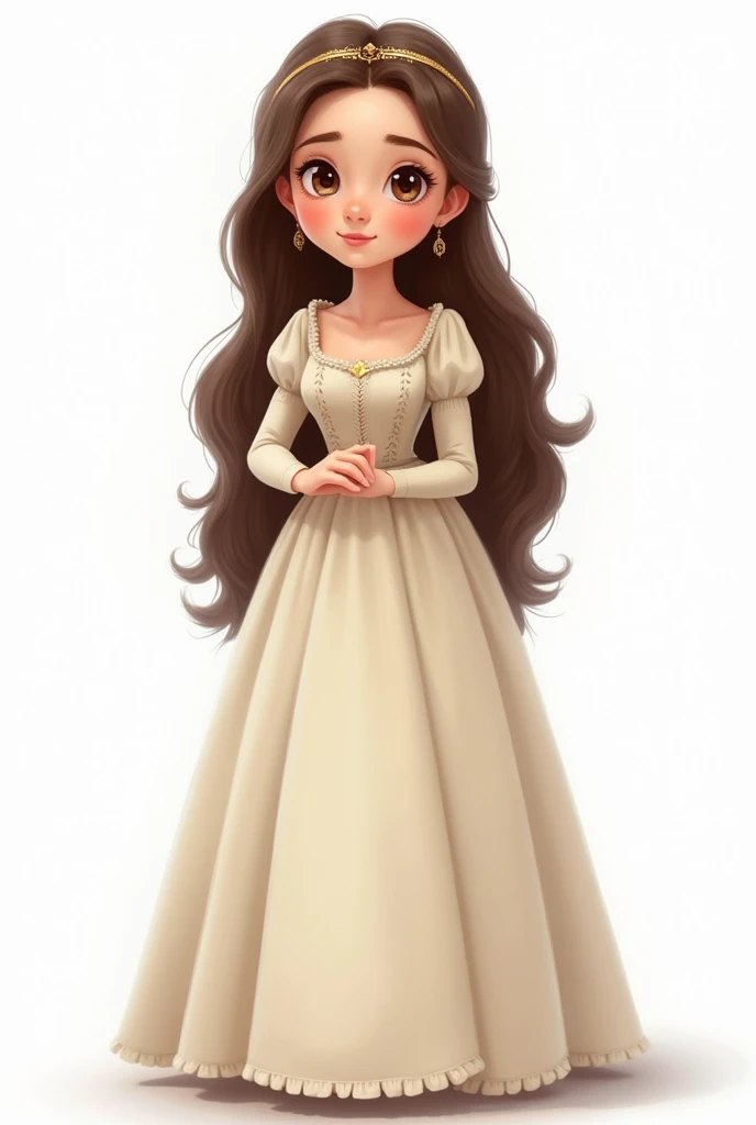 Young woman, princess, simple medieval dress, 2d cartoon, 2d art, classic style, white background 