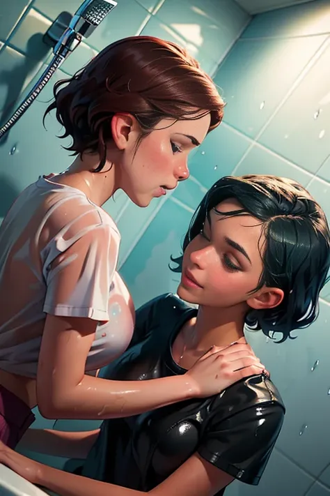 two women in a bathroom looking at each other, lips touching, wet shirt, lesbians, wet, bottom angle, soaking wet, under a shower, sapphic art, cute girls, carnal ) wet, pov photo, darling wash off in the rain, in bathroom, lesbian, two girls, soaked, wet ...