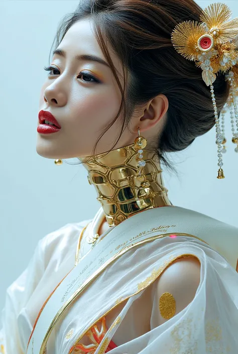  Picture of a Japanese female android in her mid-20s made of shiny white and silver translucent glass and plastic,  Geisha Makeup and Hairstyles , Silvery metal interior ,  Dynamic Poses ,  flowing organic structure , Shiny Gold Circuit , colorful  neon tr...