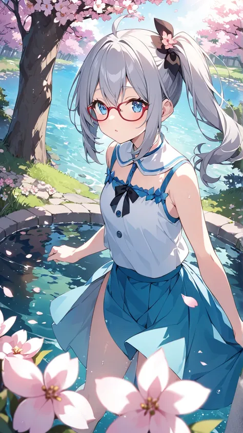 garden、cherry blossoms、Trees、Large pond 、 1 girl,  blue eyes、Grey Hair、Red-rimmed glasses、 Side Ponytail、How hair flutters in the wind、Looking up、 play at the water's edge 、水面にたくさんのcherry blossomsの花びらが落ちている、 Dutch angle 、 widescreen、 background blur,  lens...