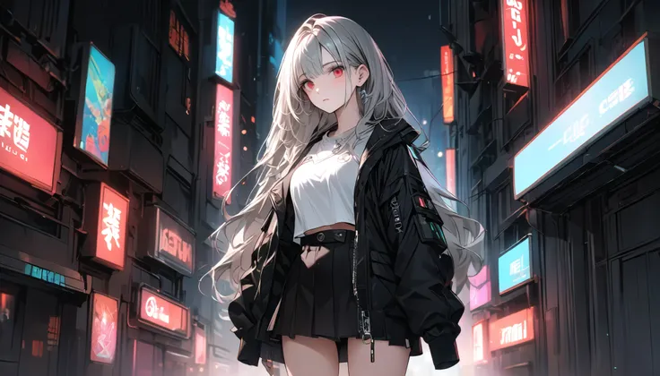 Casual fashion, young woman in mini skirt standing, neon city at night. Cyberpunk. Full body, embracing the cold air with a pensive look, she feels both anxious and strong. There is a look of determination on her face. The soft and delicate shading gives a...