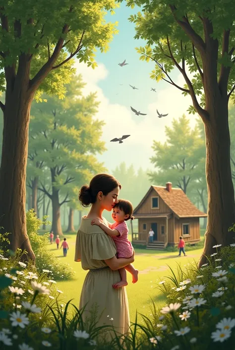  Baby girl held by a mother and in front of the small home where it is in the forest many trees, and surrounded you with people ,  There were birds flying  