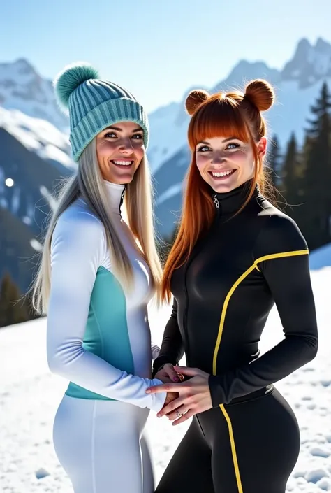 A masterpiece wide-shot photo of two women, Lumi and Tara, holding hands in front of a luxurious ski resort in the Swiss Alps. Both are smiling into the camera. Lumi is 40 yo, slim with a flat chest, long straight silver-dyed hair and green eyes, straight ...