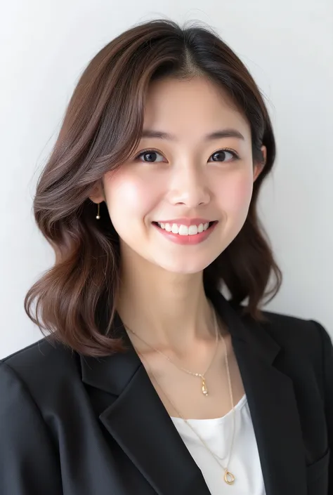 Beautiful Japanese Woman 、、 She is wearing an office lady suit、濃いeyeshadow 、Hairstyle: Medium long、wavy hair 、 Light Brown Hair 、ear piercing、 smile showing teeth、 necklace、 white backgr