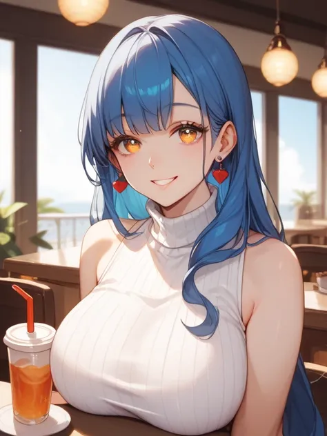 Older sister。dark blue long hair。 wearing a white turtleneck sleeveless knit。Breasts are slightly larger。 smiling 。A soft and gentle face。Droopy eyes。 adult woman。
The direction of the face is facing left when viewed from here。
 amber eyes。A stylish cafe b...