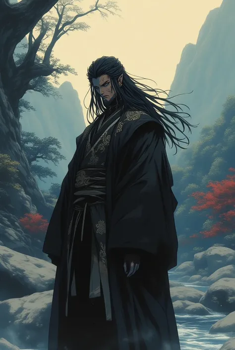 Crie um taoista,  has black hair,  black eyes, Wears a black robe with gray details, And he's very muscular,