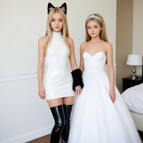  young girl ,  slim ,  blonde hair,   straight long hair ,  small breasts,  breasts open,, Cat ears,  masterpiece ,  anatomically correct  , UHD,  super detailed , further away,  wedding dress ,  latex black knee boots ,   latex black arm warmers long   , ...