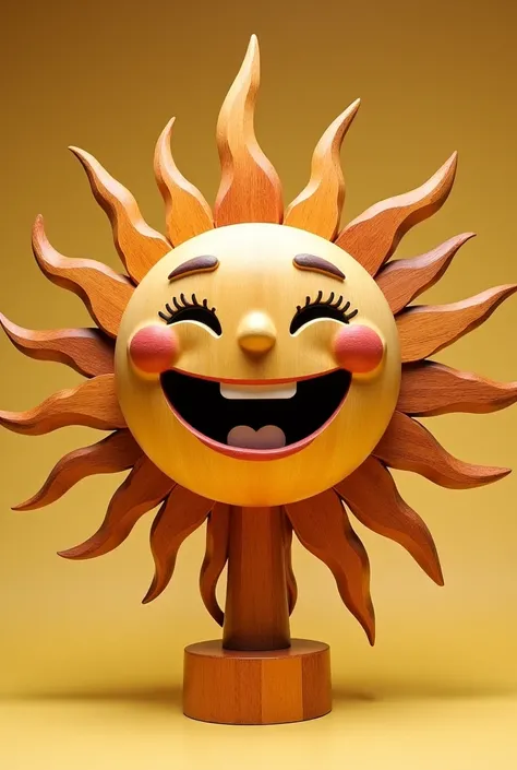 A wooden sculpture of a smiling sun