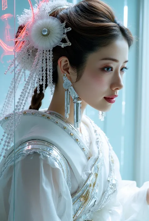  Picture of a Japanese female android in her mid-20s made of shiny white and silver translucent glass and plastic,  Geisha Makeup and Hairstyles , Silvery metal interior ,  Dynamic Poses ,  flowing organic structure , Shiny Gold Circuit , colorful  neon tr...