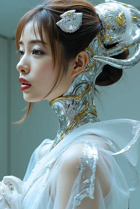  Picture of a Japanese female android in her mid-20s made of shiny white and silver translucent glass and plastic,  Geisha Makeup and Hairstyles , Silvery metal interior ,  Dynamic Poses ,  flowing organic structure , Shiny Gold Circuit , colorful  neon tr...