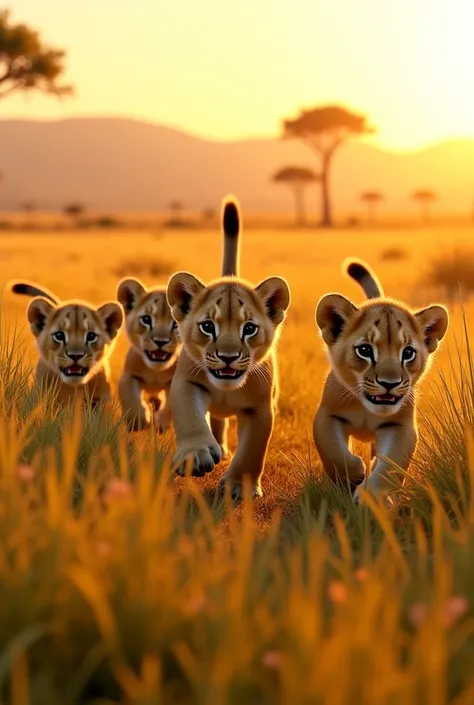 Baby lions hunt by hunter