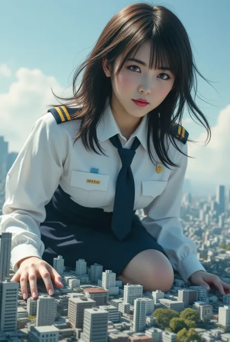 giantess art, a hyperrealistic, ((Sexy beautiful giant Japanese woman, a self defense officer uniform, wearing a white short-sleeved shirts, navy blue tie, navy blue pencil skirt, Black patent high heels, beautiful hip-line, Beautiful thighs) :1.5), Super ...