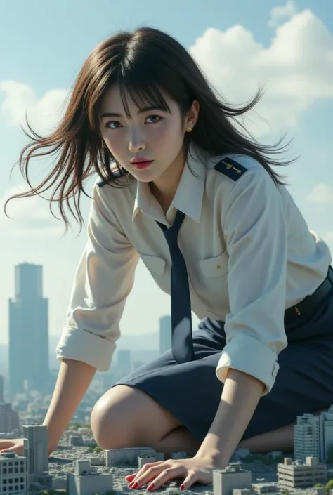 giantess art, a hyperrealistic, ((Sexy beautiful giant Japanese woman, a self defense officer uniform, wearing a white short-sleeved shirts, navy blue tie, navy blue pencil skirt, Black patent high heels, beautiful hip-line, Beautiful thighs) :1.5), Super ...