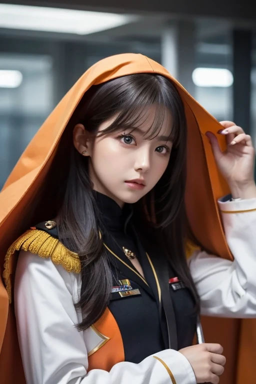  white girl with long black hair is wearing a military uniform,  Orange Cape , Big hazel eyes,  Science Fiction , Dark mood, 