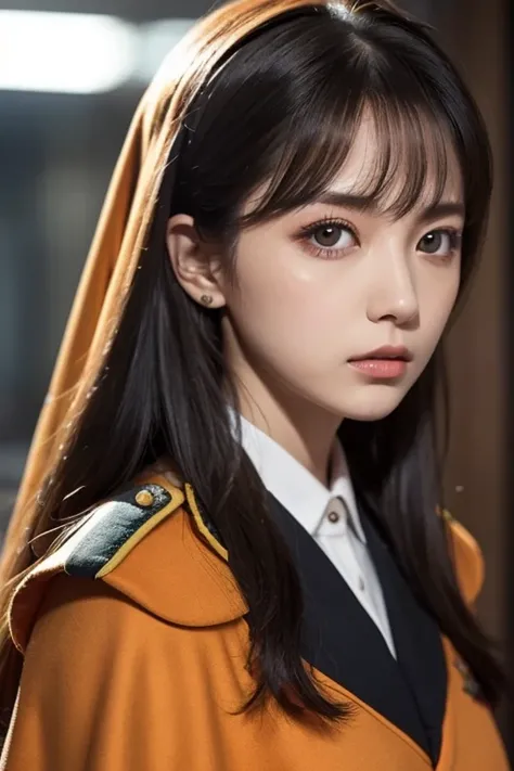  white girl with long black hair is wearing a military uniform,  Orange Cape , Big hazel eyes,  Science Fiction , Dark mood, 