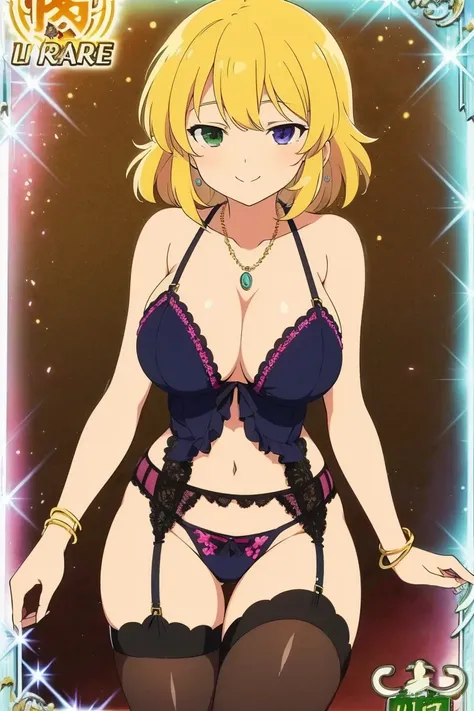 Ryona ,( Masterpiece),( top quality),2D, anime,  ( Anime art),  lineart  , watercolor,loli,(smile, happy),(mega breasts),1 girl,(blonde hair),( garter belt),(green eyes), heterochromia ,jewelry, lingerie,necklace,panties,Alone,(thigh highs),underwear