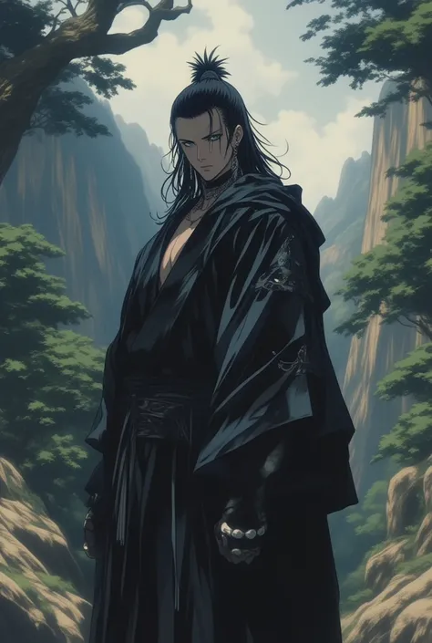 Crie um taoista,  has black hair,  black eyes, Wears a black robe with gray details, And he's very muscular,And handsome very handsome