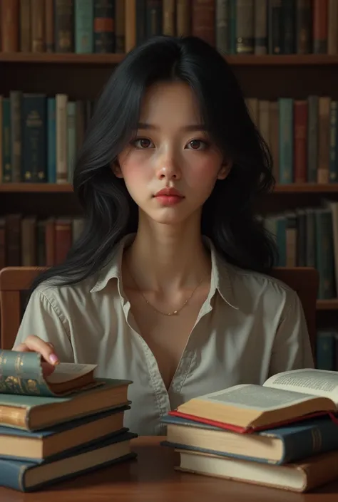 Create a picture of young lady with books
