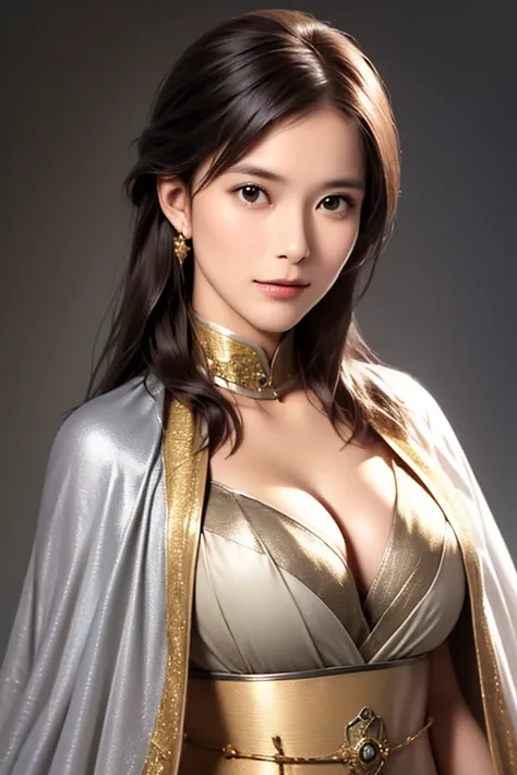 ((female warrior upper body)),((Wears silver and gold steel armor and cloak:1.5)),1 person,  black hair,  (((Real Face))),  Belly Shortcut,((Big breasts and cleavage)),  high definition face and skin texture  ,   staring at the camera ,    Chinese Warrior ...