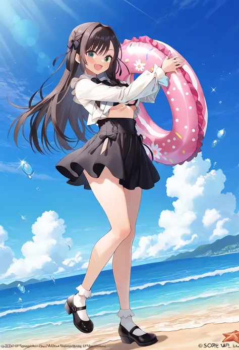 alina-default,green eyes,black hair,long hair,hair ribbon,braid,frilled shirt,white shirt,long sleeves, black bow,high-waist skirt,black skirt,white socks,Mary Janes official art(1girl bikini ocean watersplash bubble Swim ring）best quality ( best quality )...