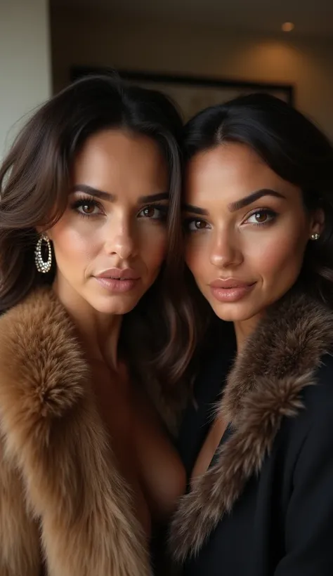 Pretty latin make up sexy older widow  and young lesbian couple rings tanned romantic business dressing fur coats selfie mirando a la cámara de frente 


