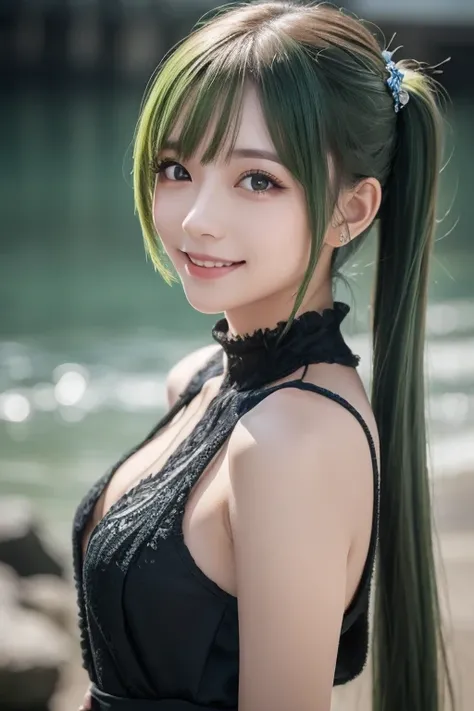  1 girl, Alone,  hair ornament,  green hair,  twin tails,  long hair,  dress, water,, Mid-range portrait photography  ,,  Dark Fantasy Backdrop , Charming grin.,  ultra-realistic and highly detailed intricate photorealistic analog style、Sharp focus of the ...