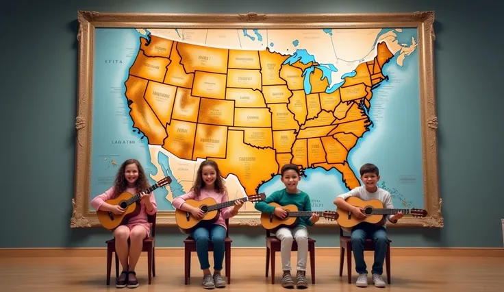 Create a realistic image of an exhibition hall with a very large painting of the map of the United States.

In front of the painting, 2 girls and 2 boys, about , with smiling faces, sitting on a chair, looking straight ahead and playing classical guitar.