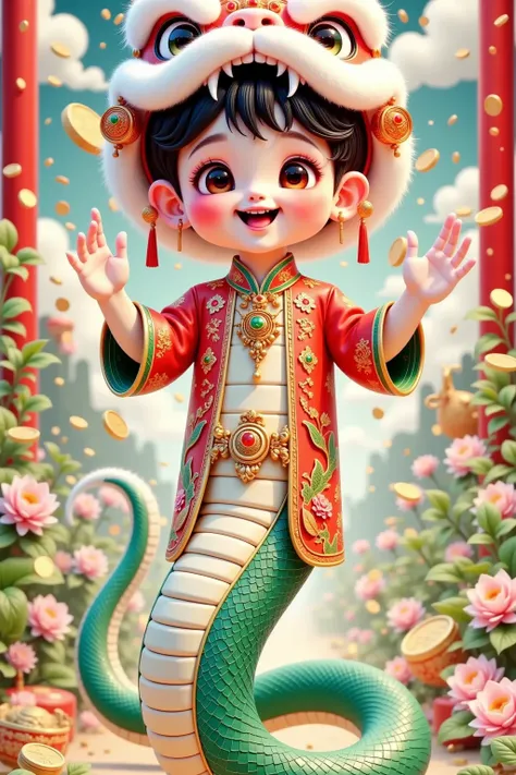  new year poster design ：CNY，Festive，  happy  ，1cute Snake boy  ,holding red envelopes ， short hair， Smile， short Chinese clothing， unique ， fleece hat  ，flower，Sky，White Cloud，Sky中的金币， a place of copper money ，(((panoramic:1.5)))