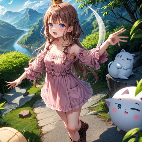  pink brown brown hair、  blue eyes、  Has hair tied  、Two cute people、  check mini skirt、  black t-shirt 、 Light clothing、  dress、  Camisole、 high socks、 Boots、Teeth are visible、The stone is cracked、  The Road Is Crooked 、Mountain々、fog、 moon、  shooting star...