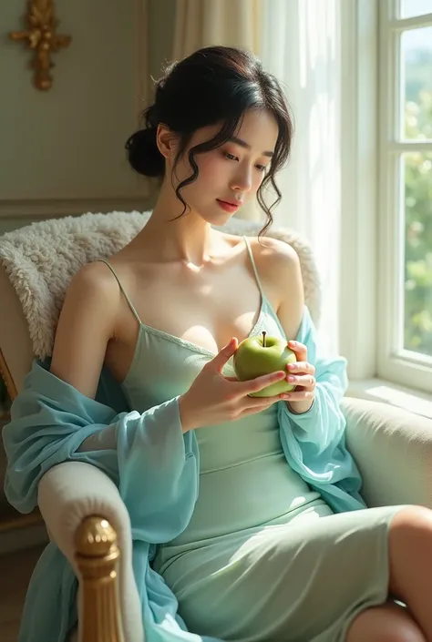 A Japanese woman with a very beautiful beauty like an actress

A softly lit indoor scene featuring a poised woman lounging in a comfortable armchair near a large window. She wears a pale-green slip dress with delicate straps, complemented by a sheer, airy ...