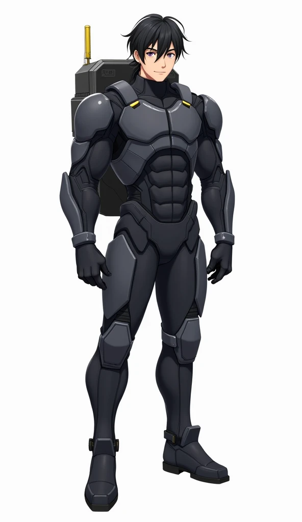 anime art,  full body,  in front,  white background,  Attractive man, light black hair with two bangs,  light brown eyes,  dark skin, 25-year-old adult ,  with a ager's face , with a muscular and robust build, 1.90 tall ,  dark suit that covers his entire ...