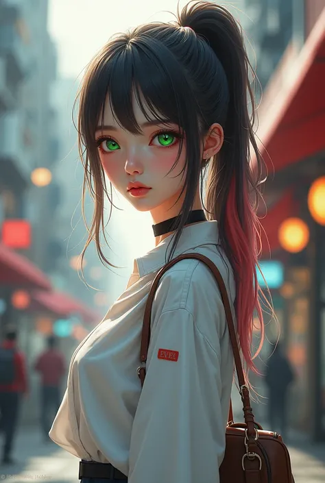  masterpiece ,  highest quality, nashida ( genesis influence), 1 Girl ,  white shirt :1.5 ,  side ponytail ,White hair , multi-colored hair ,  green eyes , Casual wear  , have ,  black choker , Bag ,  green hair , busy roads , City Life 