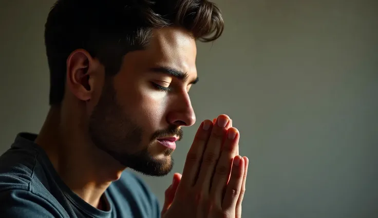 A handsome man with strong, well-defined facial features, eyes closed and head bowed in deep prayer. His expression exudes tranquility, devotion, and introspection. The background is soft and understated, with muted tones to draw attention to his face. Pos...