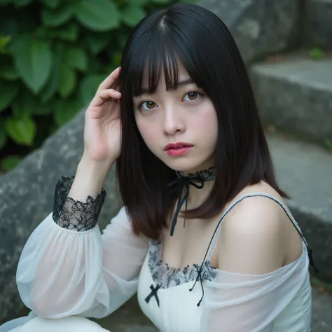 Facial close-up, a sharp focus 35mm photo of a beautiful 21 year old woman named kanna with semi-long hair and bangs, sat on the stone steps. Her skin is snow-white and her figure is slim. She has a perfect slim body with a beautiful face. She is of Japane...