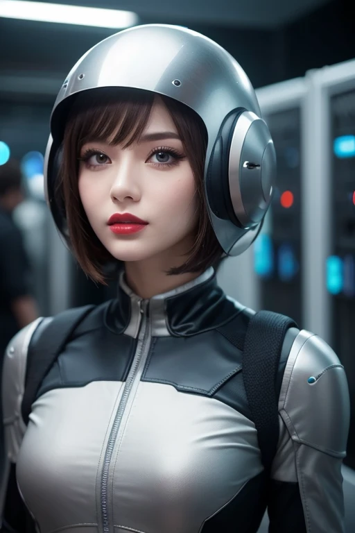  close-up of a woman wearing a futuristic helmet and red lipstick, Cyberpunk Jackie Wells, cgsociety 9,  style for stilets = Retro futuristic ,  beautiful android woman ,   female android ,  retro futuristic fashion , movie「 Blade Runner 」Still image of, F...