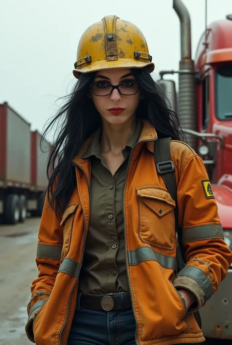 black haired female truck driver wearing safety jacket